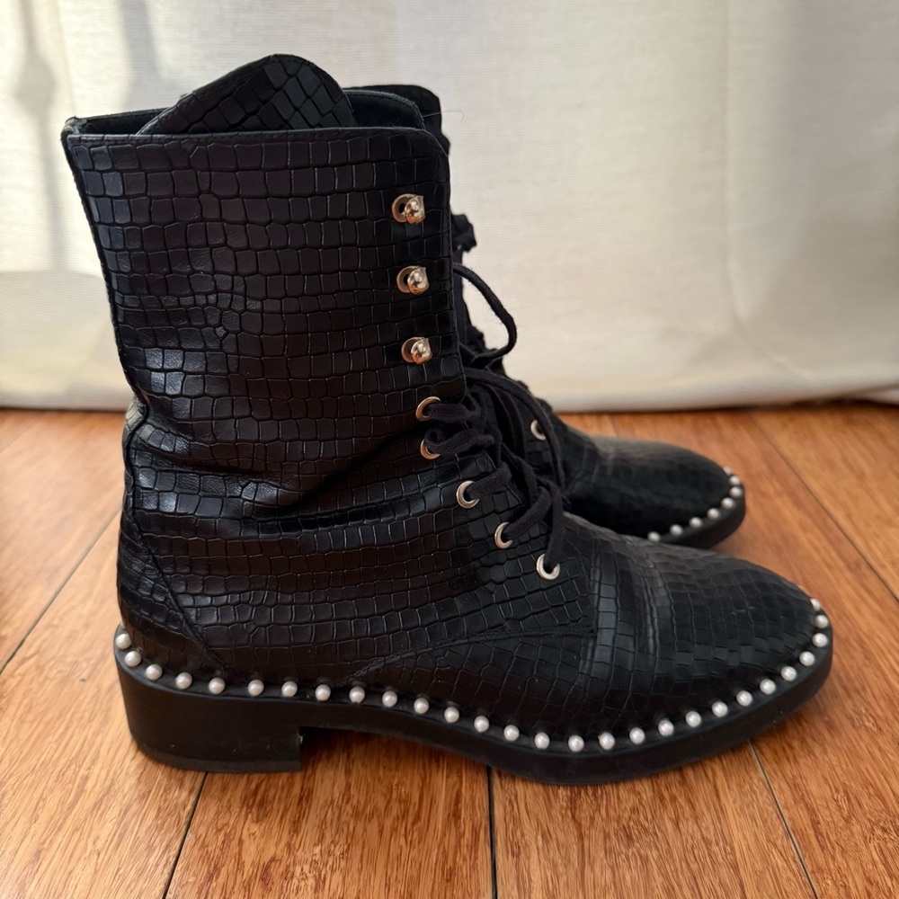 Stuart Weitzman Sondra Printed Croc Black Pearl Studded  Boots